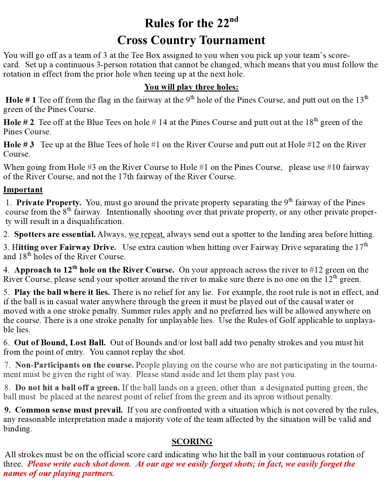 Rules for the Cross Country Tournament